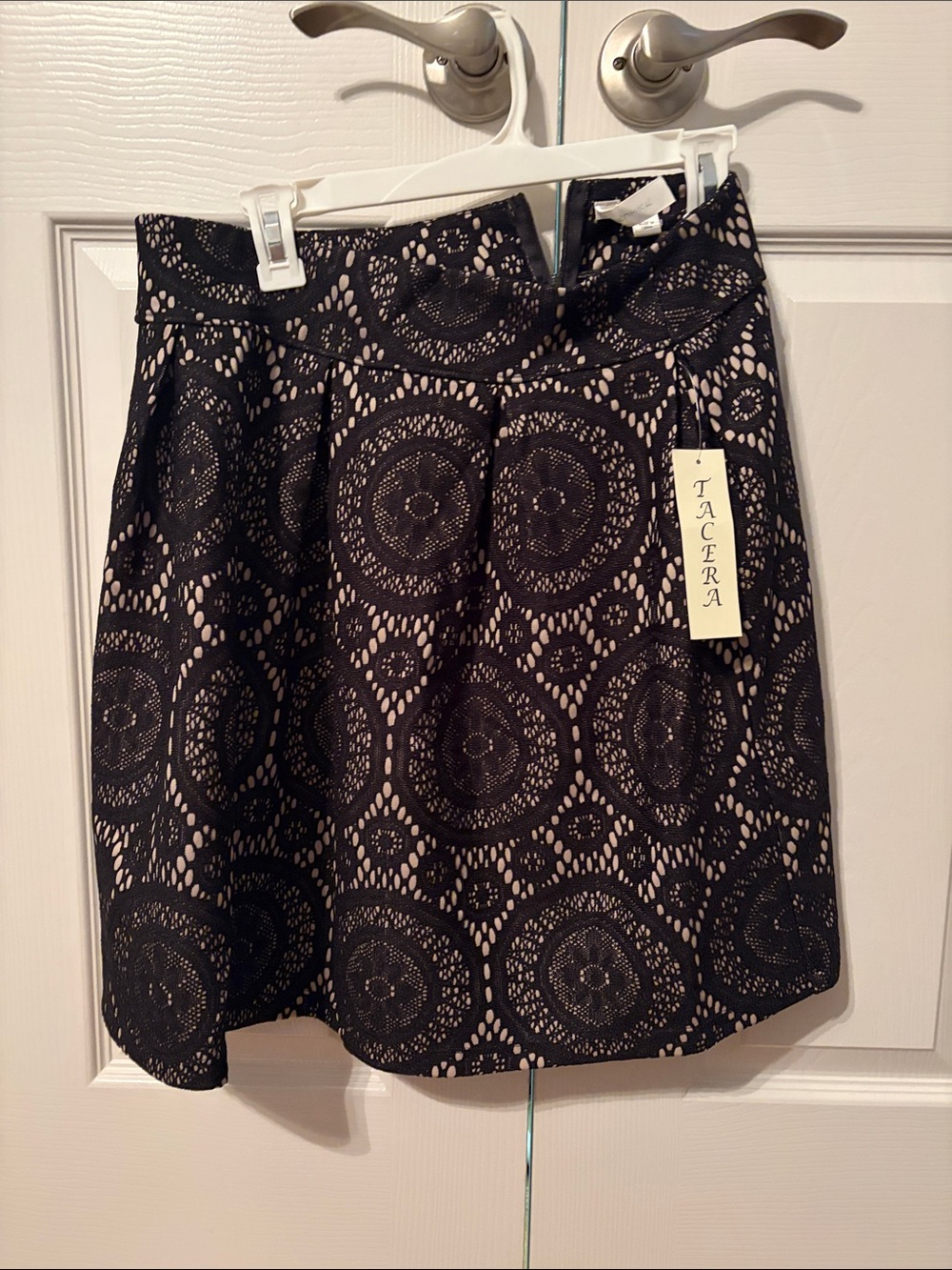 Tacera Black Lace-Overlay A-Line Skirt with Nude Lining